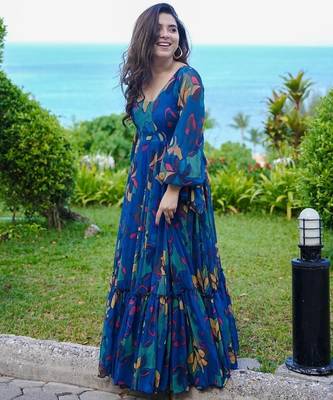 Blue floral printed georgette anarkali gown for women 2