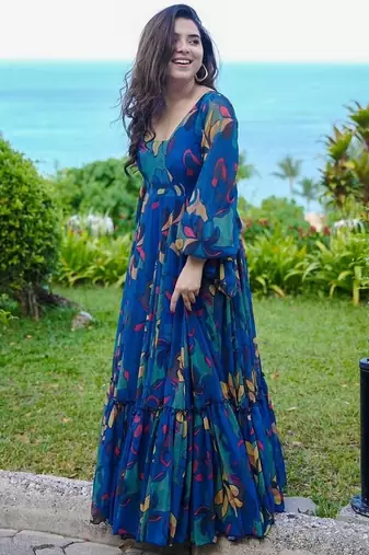 Blue floral printed georgette anarkali gown for women