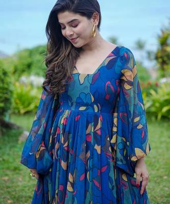 Blue floral printed georgette anarkali gown for women 3