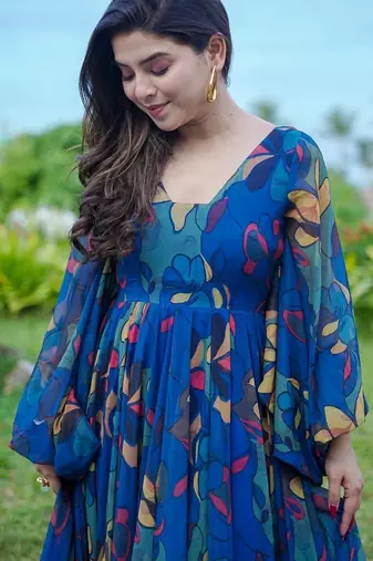Blue floral printed georgette anarkali gown for women
