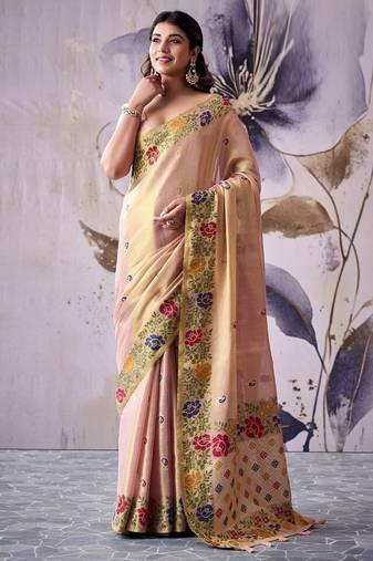 light peach tissue floral weaving saree 