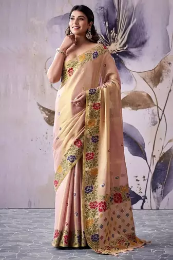 light peach tissue floral weaving saree 