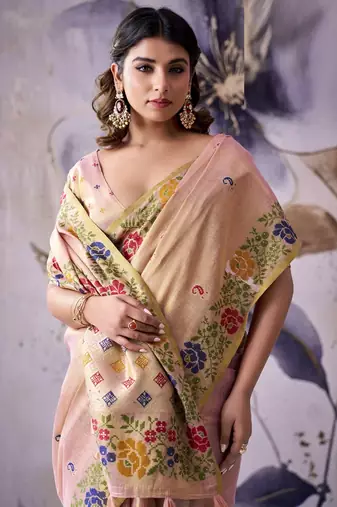 light peach tissue floral weaving saree 