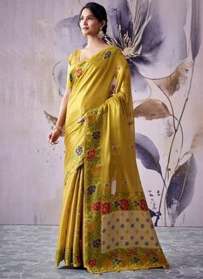 yellow tissue floral weaving saree  1
