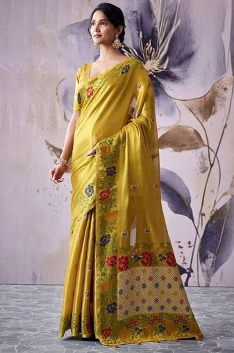 yellow tissue floral weaving saree 