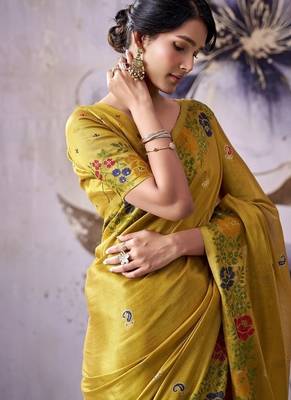 yellow tissue floral weaving saree  3
