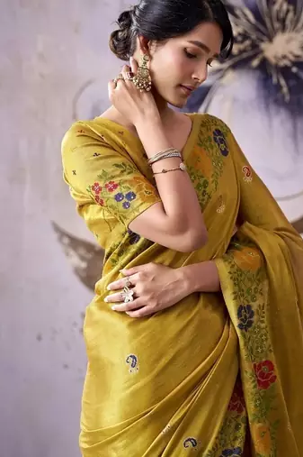 yellow tissue floral weaving saree 