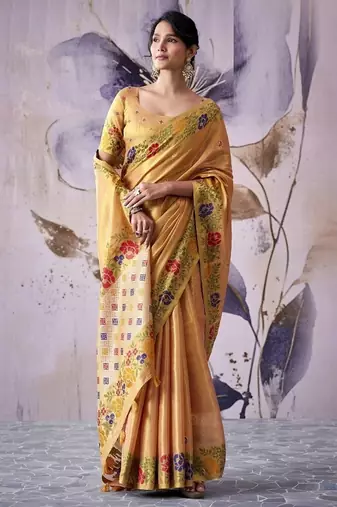 golden tissue floral weaving saree 