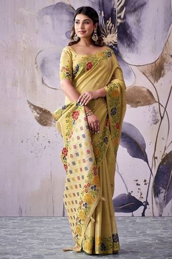 beige tissue floral weaving saree 