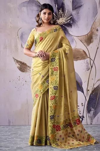 beige tissue floral weaving saree 