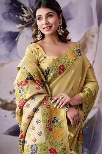 beige tissue floral weaving saree 