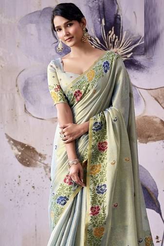 light pista tissue floral weaving saree 