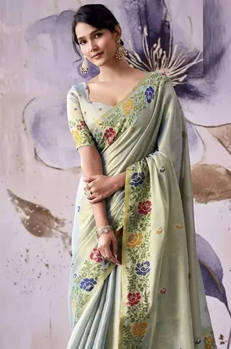 light pista tissue floral weaving saree 