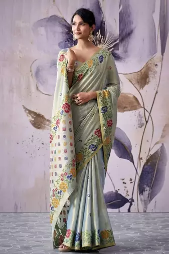 light pista tissue floral weaving saree 