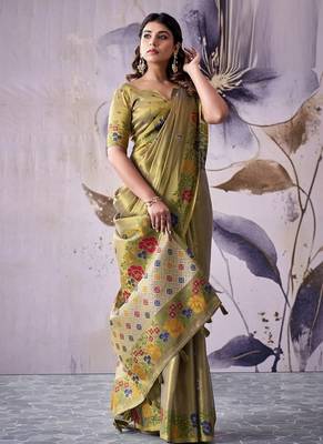 khaki tissue floral weaving saree  1