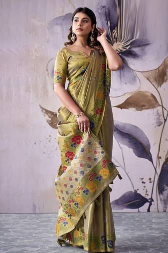 khaki tissue floral weaving saree 