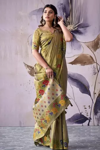 khaki tissue floral weaving saree 