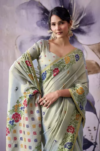 light pista tissue floral weaving saree 