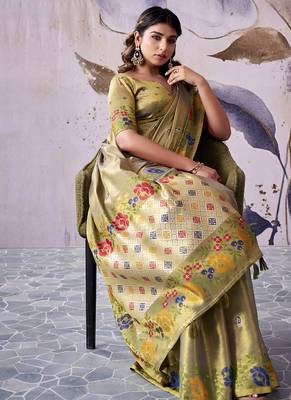 khaki tissue floral weaving saree  3