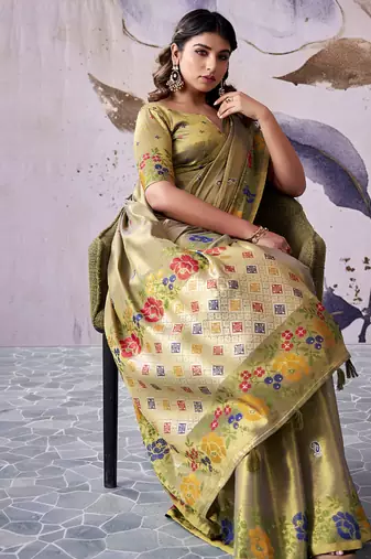 khaki tissue floral weaving saree 