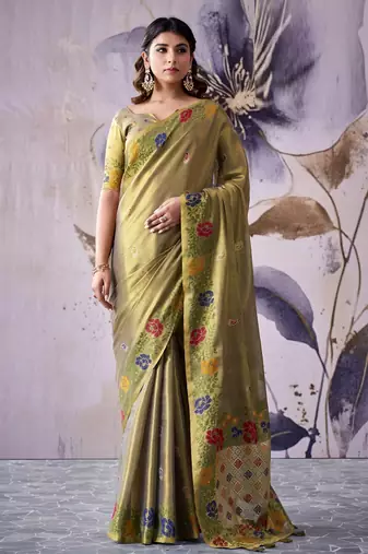 khaki tissue floral weaving saree 