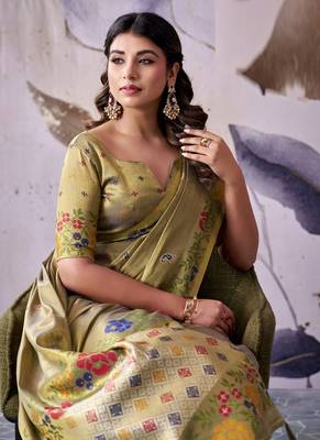 khaki tissue floral weaving saree  5