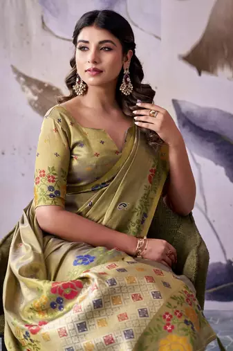 khaki tissue floral weaving saree 