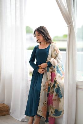 Teal blue calf length anarkali dress with position printed dupatta for women 1