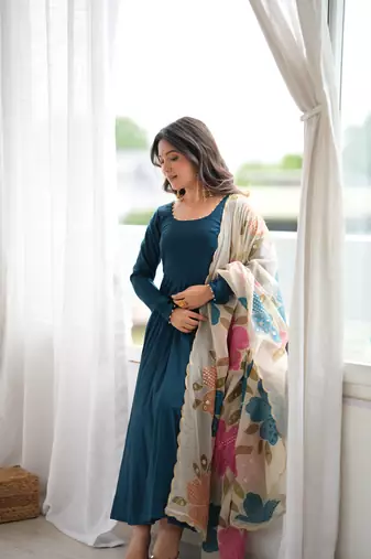 Teal blue calf length anarkali dress with position printed dupatta for women