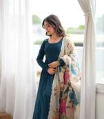 Teal blue calf length anarkali dress with position printed dupatta for women