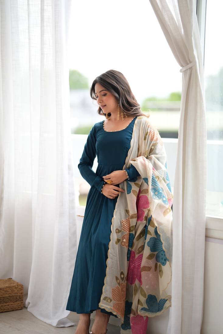 Teal blue calf length anarkali dress with position printed dupatta for women