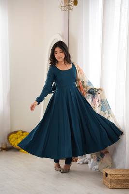 Teal blue calf length anarkali dress with position printed dupatta for women 2