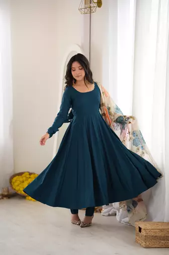 Teal blue calf length anarkali dress with position printed dupatta for women