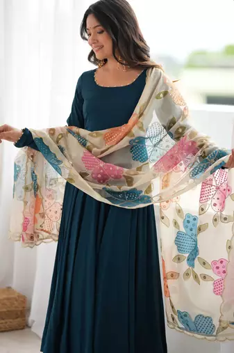 Teal blue calf length anarkali dress with position printed dupatta for women
