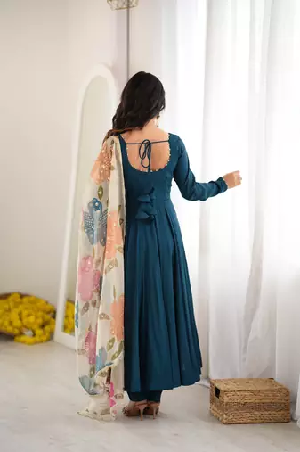 Teal blue calf length anarkali dress with position printed dupatta for women