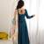 Teal blue calf length anarkali dress with position printed dupatta for women