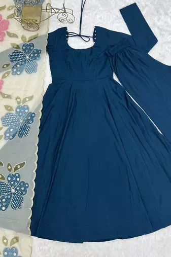 Teal blue calf length anarkali dress with position printed dupatta for women