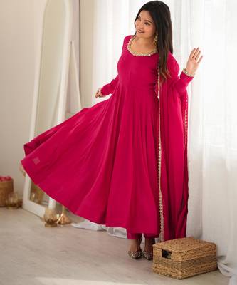 Rani pink anarkali gown for women with designer golden border dupatta | festive wear 3