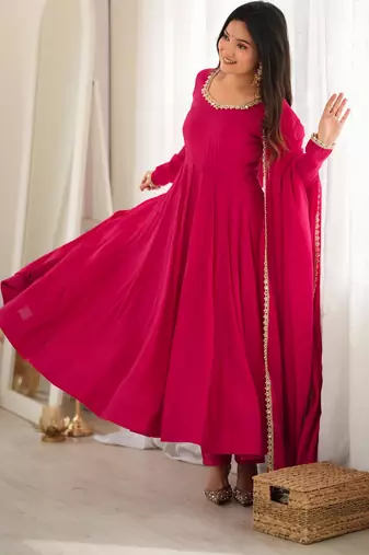 Rani pink anarkali gown for women with designer golden border dupatta | festive wear