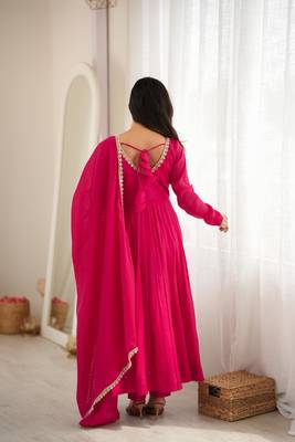 Rani pink anarkali gown for women with designer golden border dupatta | festive wear 4