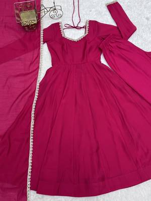 Rani pink anarkali gown for women with designer golden border dupatta | festive wear 5