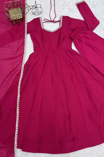 Rani pink anarkali gown for women with designer golden border dupatta | festive wear