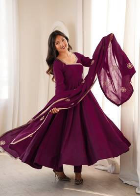 Elegant wine purple flared anarkali suit set with embroidered dupatta 1