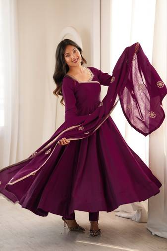 Elegant wine purple flared anarkali suit set with embroidered dupatta