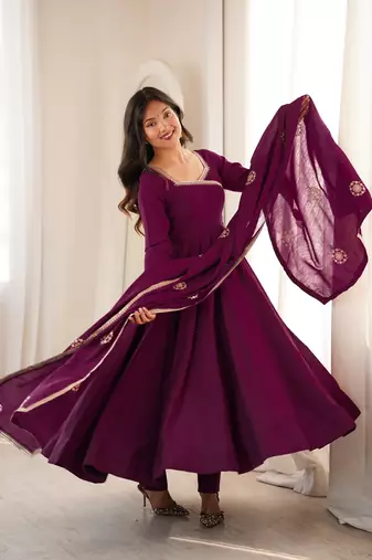 Elegant wine purple flared anarkali suit set with embroidered dupatta