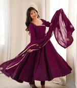 Elegant wine purple flared anarkali suit set with embroidered dupatta