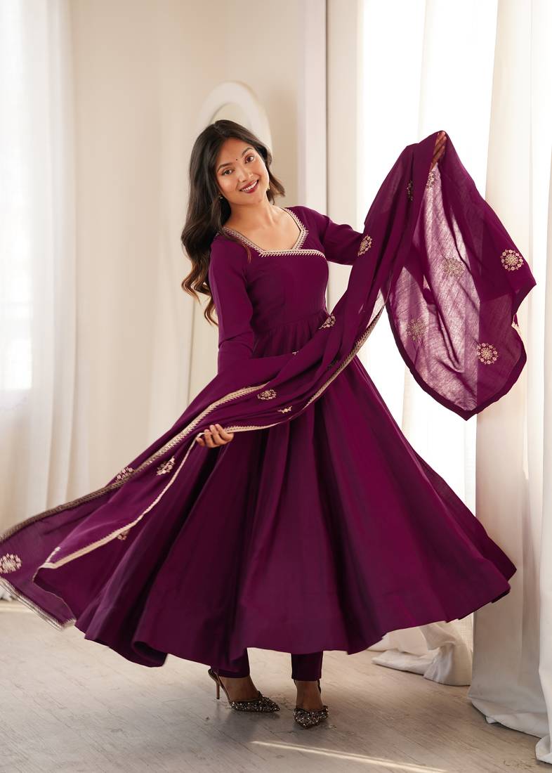 Elegant wine purple flared anarkali suit set with embroidered dupatta