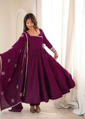 Elegant wine purple flared anarkali suit set with embroidered dupatta 2