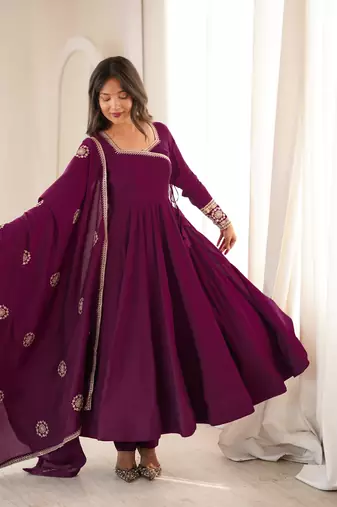 Elegant wine purple flared anarkali suit set with embroidered dupatta