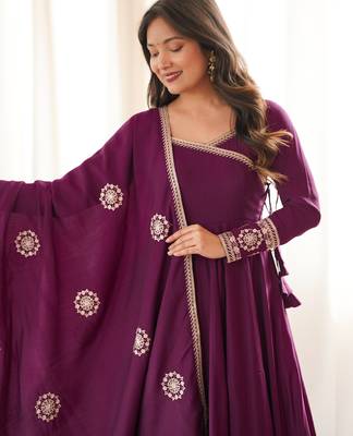Elegant wine purple flared anarkali suit set with embroidered dupatta 3